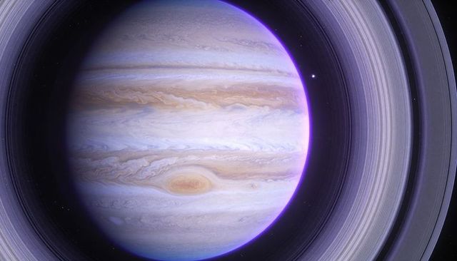 Ringed gas giant with swirling oval vortex, banded cloud layers and thin concentric rings