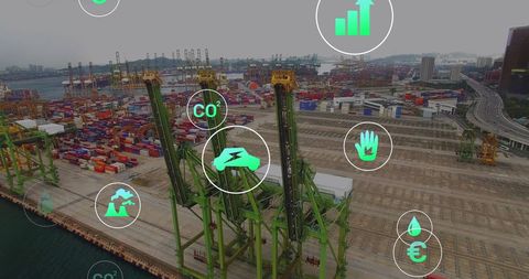 Digital ecology and efficiency icons over container port facility
