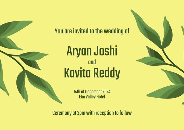 This wedding invitation card features a simple and elegant design with green leaves on a soft yellow background. It showcases the names of the couple, the wedding date, and location details. Perfect for couples planning a nature-themed or garden wedding, this design elegantly invites guests to celebrate the special day. This template can be used for digital invitations, printed cards, and announcements for weddings or any other formal events.