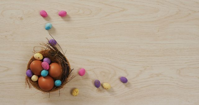 Image of decorated colorful easter eggs on a wooden surface - Download Free Stock Photos Pikwizard.com