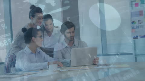 Team Collaborating Over Laptop with Data Overlay