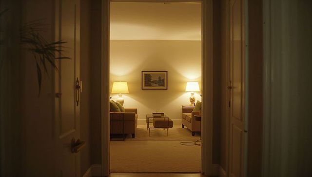 Framing cozy symmetrical living room with warm lamp light and neutral beige tones