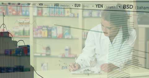 Pharmacist Analyzing Data with Financial Overlay