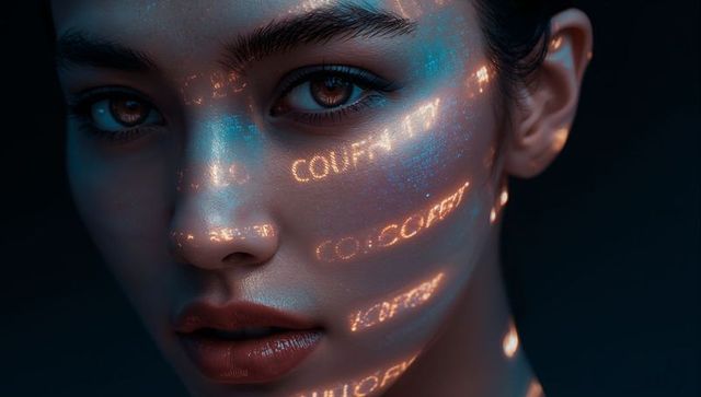 Female face receiving glowing code projections and luminous makeup in moody blue futuristic