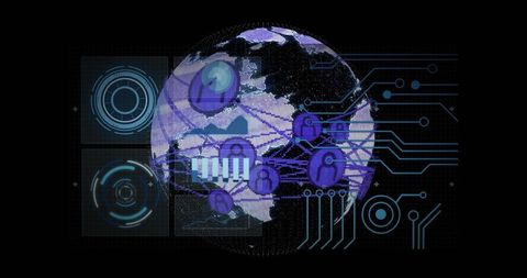 Global Cyber Network Visualizing User Nodes and Circuitry on Futuristic HUD Dashboard