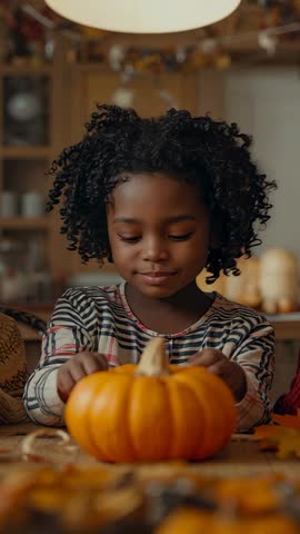 Child patting mini pumpkin at cozy kitchen table exploring ridges autumn vertical video