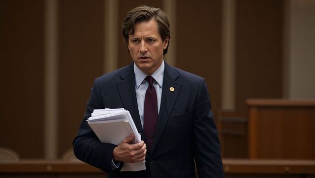 Confident lawyer holding case files walking courtroom during high-stakes trial preparation