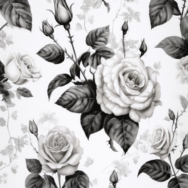 Botanical illustration of monochrome roses on white background, displaying elegant and detailed floral pattern perfect for textile design, wallpaper, greeting cards, or decorative purposes. This sophisticated black and white illustration adds a classic touch to any project requiring a touch of nature and timeless artistic value.