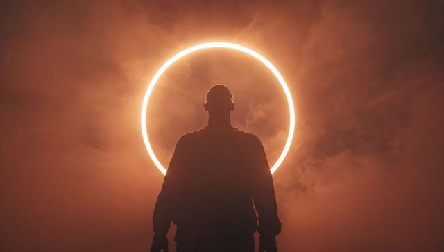 Silhouetted man standing wearing jacket and trousers before glowing halo ring, moody cinematic