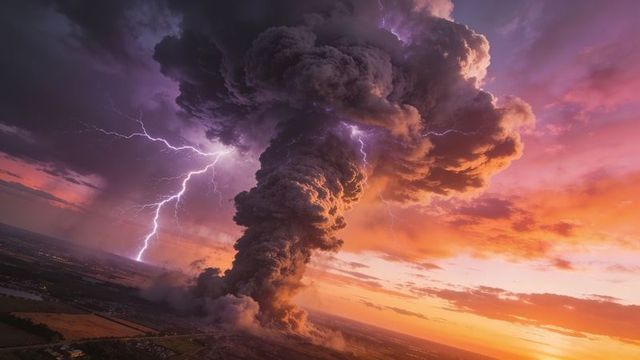 Erupting volcanic ash column with lightning over rural farmland at dramatic twilight