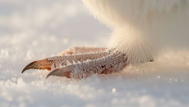 Frost-covered penguin feet standing on granular snow with downy plumage macro closeup