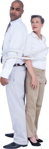 Business Colleagues Tied Back to Back on Transparent Background