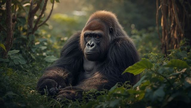 Silverback gorilla resting and observing forest floor in sunlit tropical clearing