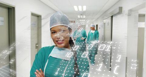 Smiling Nurse Crossing Arms with Binary Code Overlay Representing Digital Healthcare Team