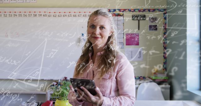 Image of math formulas over happy caucasian female teacher. School, education and learning concept digitally generated image.