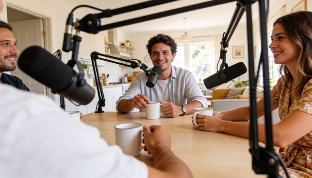 Smiling podcast hosts in bright home kitchen holding mugs and speaking into microphones