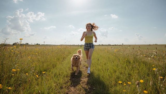 Running woman and golden retriever joyfully racing through sunlit wildflower meadow trail