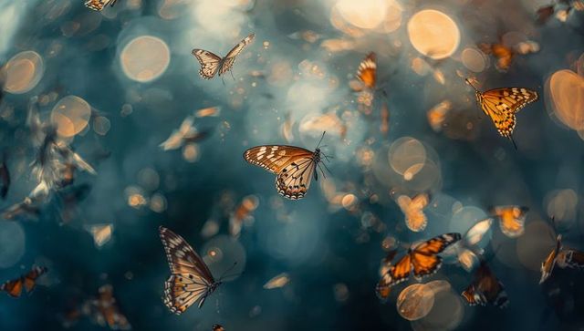 Monarch butterflies hovering and fluttering through golden-teal bokeh swarm at twilight