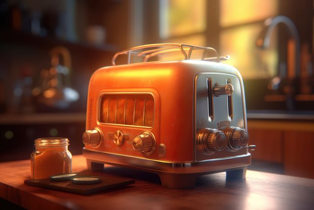 Vintage toaster on wooden kitchen counter with morning sunlight streaming through window. Nostalgic scene perfect for illustrating homey and cozy environment. Can be used in cooking blogs, kitchen makeovers, home appliance advertisements, retro kitchen design inspirations, and lifestyle magazines.