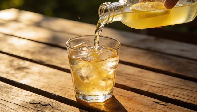Pouring sparkling lemon iced tea into glass with ice on wooden table in golden sunlight