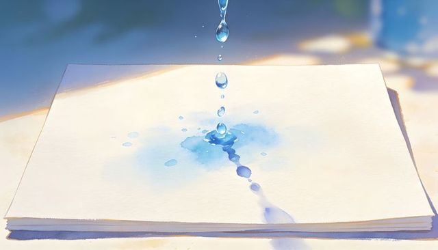 Blue watercolor droplets falling on textured paper creating pigment wash and soft stain