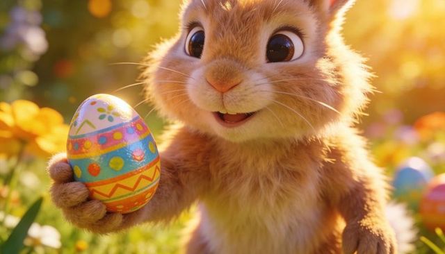 Sunlit cute bunny holding hand-painted easter egg in colorful spring flower meadow