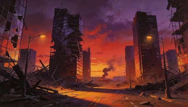 Postapocalyptic urban sunset with ruined skyscrapers, rubble-strewn avenue and smoke