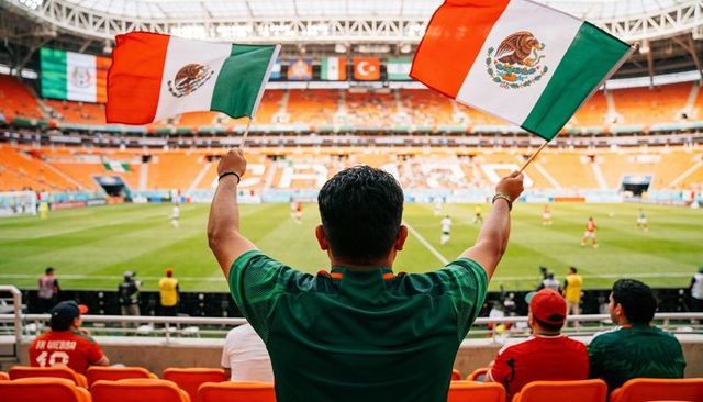 Mexican fan waving two flags in stadium with orange seats cheering for team