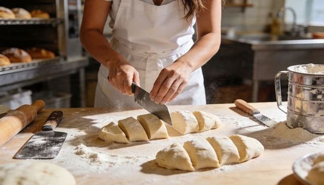 Artisan baker cutting dough with cleaver on flour-dusted wooden workbench, hands working