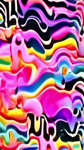 Vertical psychedelic animation with black-and-white bands morphing into rainbow drips