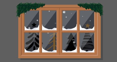 Snowy Christmas View Through Bay Window with Trees and Silhouette