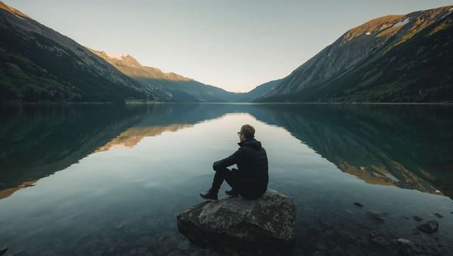 Solo hiker sitting on rock at mirror lake reflecting alpine peaks at sunrise, serene wilderness