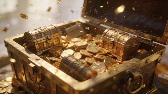 Antique treasure chest overflowing with gold coins and ornate mini chests in warm light