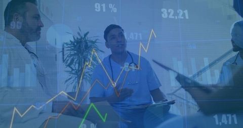 Medical Professionals Analyzing Data with Digital Interface Overlays