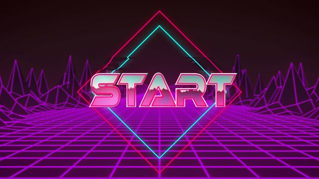 Retro Start Text with Neon Grid in Digital Futuristic Landscape. Ideal for usage in gaming intros, digital products, nostalgic 80s themed promotions, sci-fi animations, virtual events, and tech ambiance production. Provides a vibrant and energetic backdrop that connects with viewers who love retro aesthetics and cyberpunk vibes.