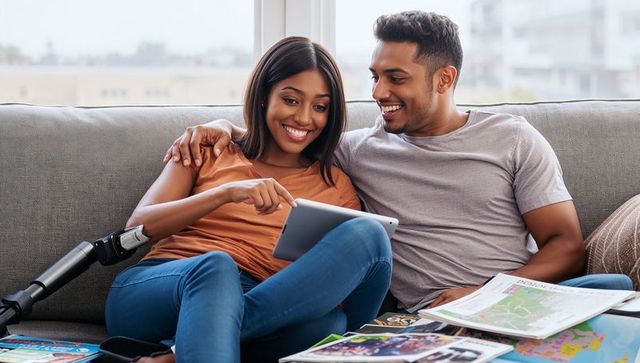Young couple relaxing on sofa, woman pointing at tablet smiling, prosthetic leg visible