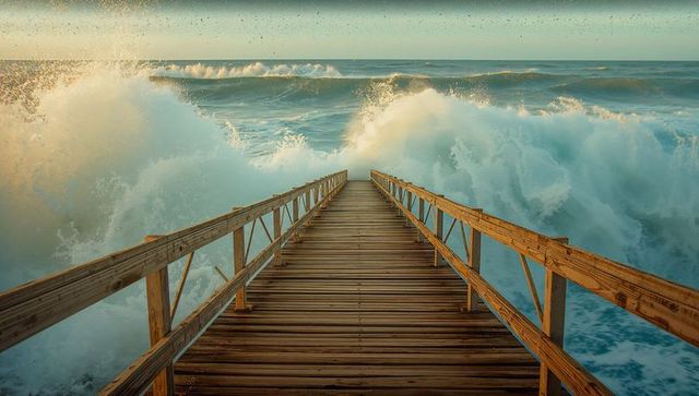 Wooden pier overlooking crashing ocean waves at sunrise