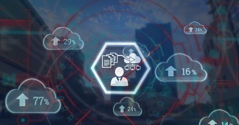 Digital Data Processing Icons over Skyscrapers - Download Free Stock Images Pikwizard.com