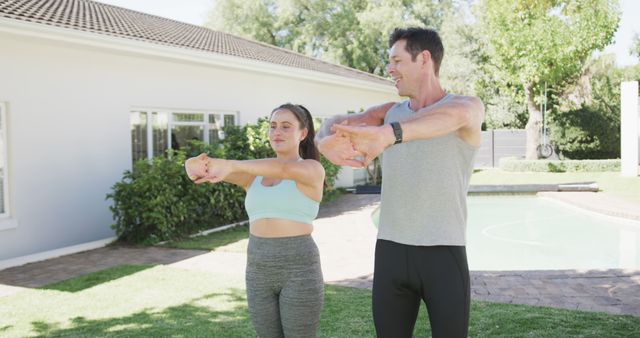 Couple Exercising Together in Sunny Backyard - Download Free Stock Images Pikwizard.com