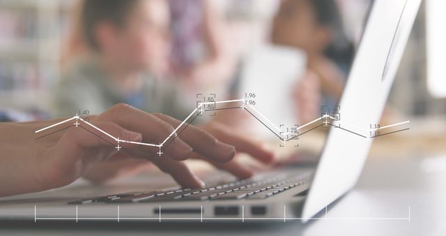 Hands Typing on Laptop Overlayed with Data Graph in Busy Office - Download Free Stock Images Pikwizard.com