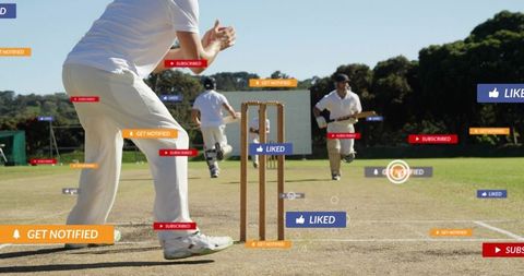 Cricket players batting and bowling with social media likes and notification overlays