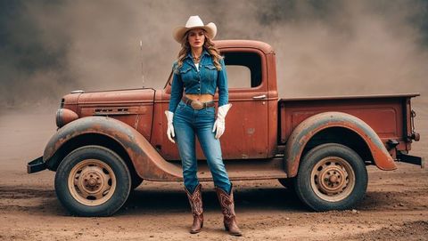 Cowgirl in denim with vintage pickup at ranch