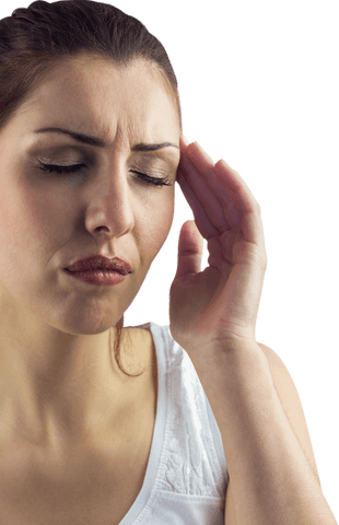 Transparent woman experiencing painful headache holding head