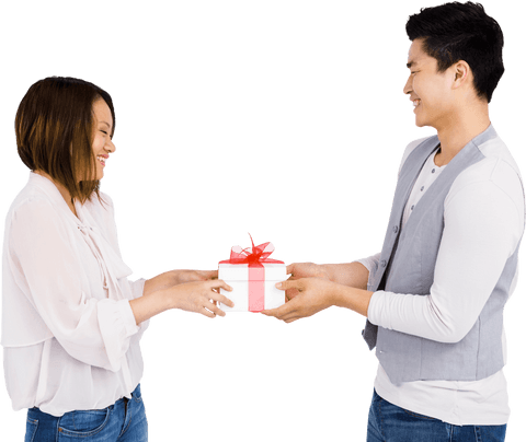 Joyful couple exchanging gift transparent background