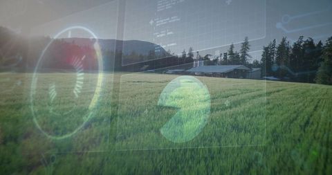 Innovative precision farming with hud graphics over lush farm field