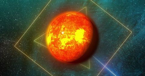 Colorful Abstract Shapes Orbiting Flaming Planet in Starry Space