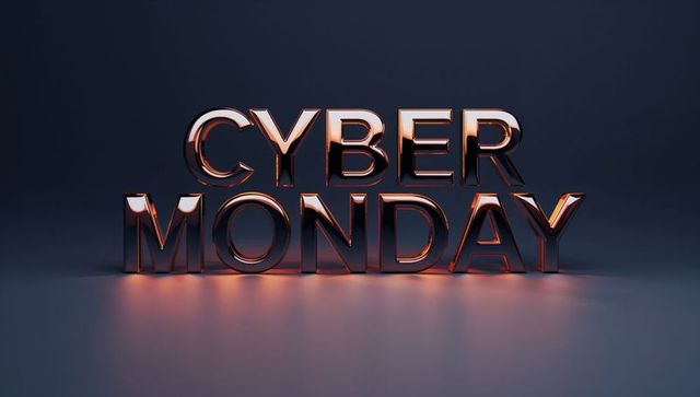 Glossy Chrome Cyber Monday Text Displaying Warm Orange Glow on Dark Reflective Floor