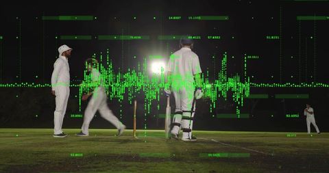 Night cricket batsman standing at crease under floodlight with green waveform overlay