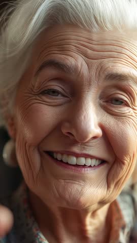 Vertical video smiling senior woman savoring moment with pearl earrings and warm expression