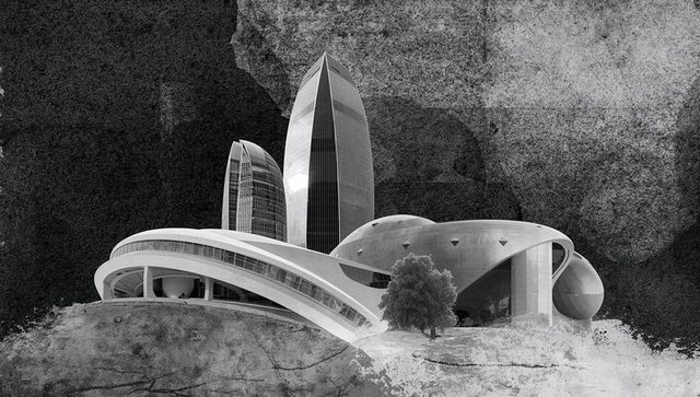 Monochrome futuristic curved architecture rising on plateau featuring glass spire, dome